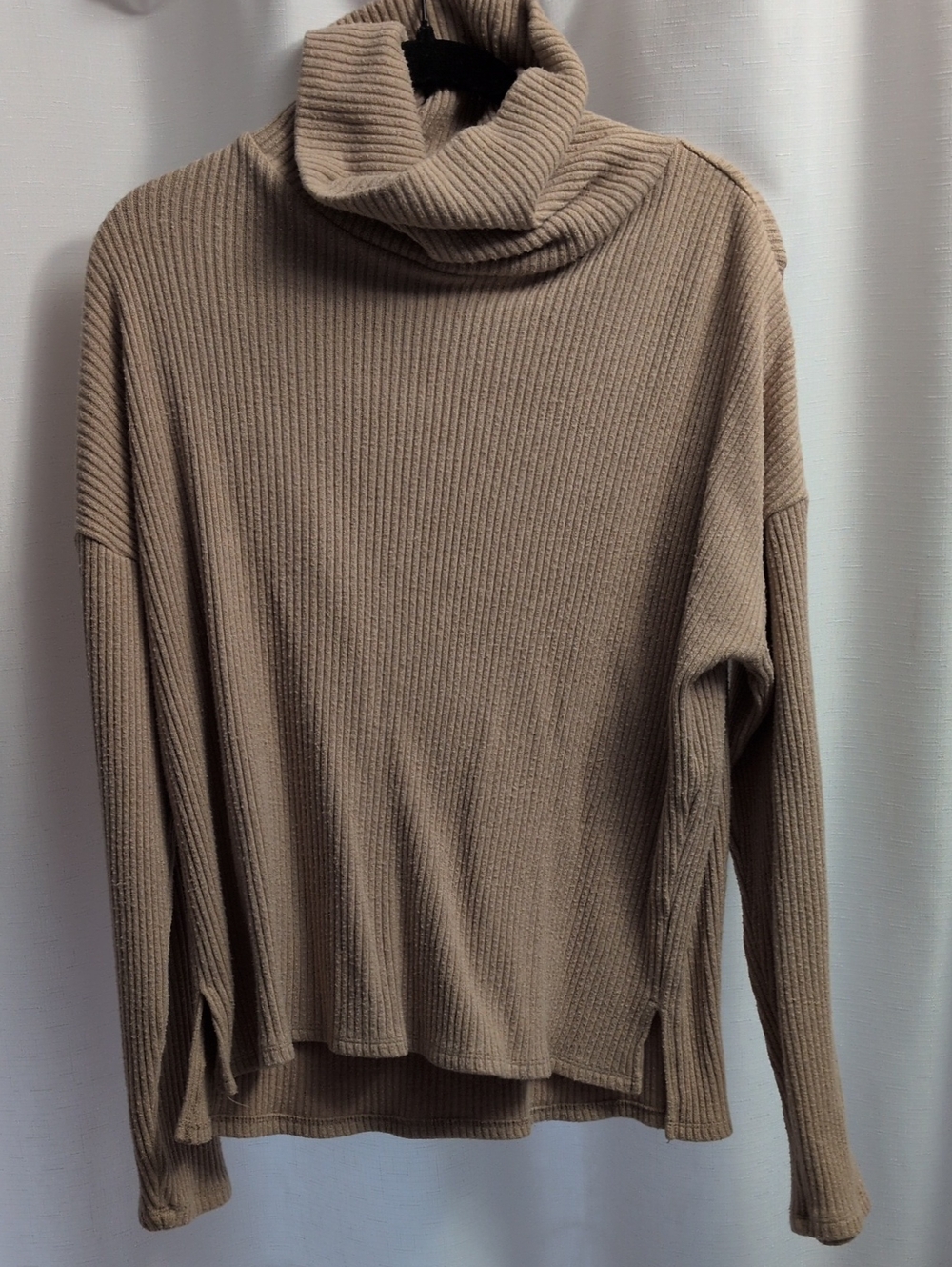 Cozy Ribbed Cowl Neck Sweater in Taupe